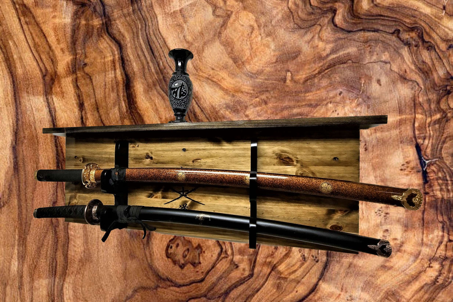 Walker Wood Gifts sword display SAMURAI WALL DISPLAY, 2 Tier Katana Bushido Display with Shelf, Dojo Gift