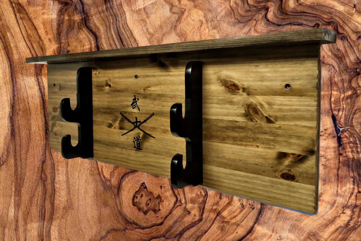 Walker Wood Gifts sword display SAMURAI WALL DISPLAY, 2 Tier Katana Bushido Display with Shelf, Dojo Gift