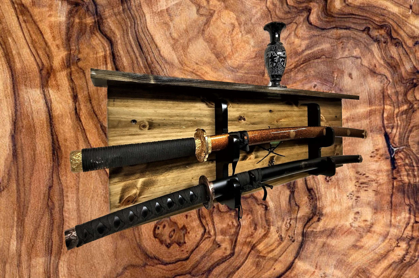 Walker Wood Gifts sword display SAMURAI WALL DISPLAY, 2 Tier Katana Bushido Display with Shelf, Dojo Gift