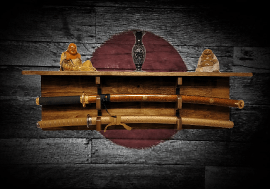 Walker Wood Gifts sword display Traditional 2 TIER SWORD Rack and Shelf Display Beautiful Walnut Finish Military Saber, Samurai Katana, Long Sword Great Collectors Gift