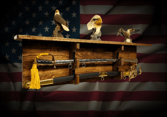 Walker Wood Gifts sword display Traditional 2 TIER SWORD Rack and Shelf Display Beautiful Walnut Finish Military Saber, Samurai Katana, Long Sword Great Collectors Gift
