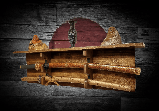 Walker Wood Gifts sword display Traditional 2 TIER SWORD Rack and Shelf Display Beautiful Walnut Finish Military Saber, Samurai Katana, Long Sword Great Collectors Gift