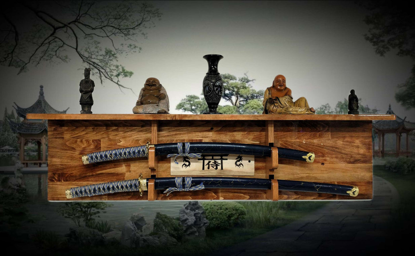 Walker Wood Gifts sword display Traditional 2 Tier Sword Rack/Shelf Display Beautiful Bushido Dragon Samurai Katana Great Collectors Gift