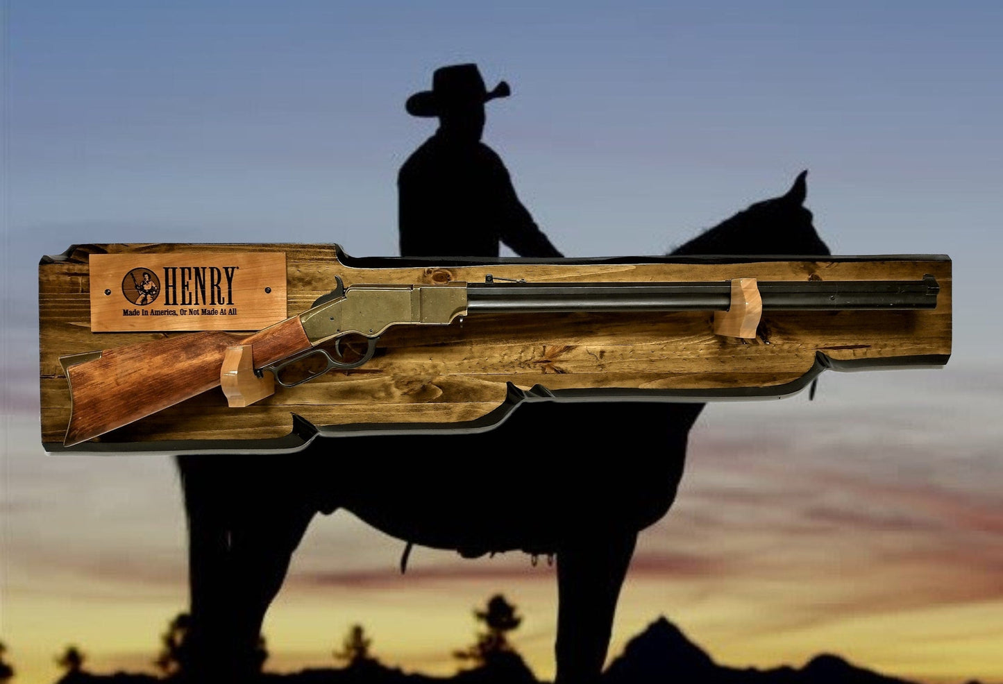 walkerwoodgifts Copy of Rustic Knotty Pine Lever Action Henry Faux Live Edge Display with Knife Holder Cabin Décor Collectors Gift