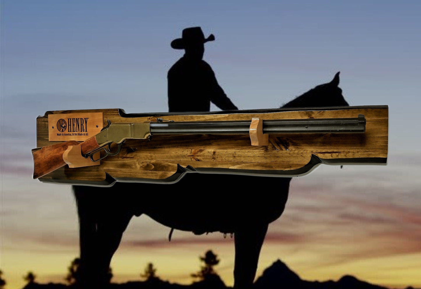 walkerwoodgifts Copy of Rustic Knotty Pine Lever Action Henry Faux Live Edge Display with Knife Holder Cabin Décor Collectors Gift