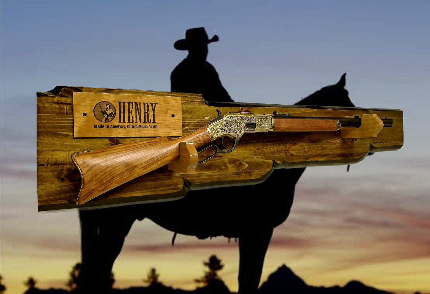 walkerwoodgifts Copy of Rustic Knotty Pine Lever Action Henry Faux Live Edge Display with Knife Holder Cabin Décor Collectors Gift