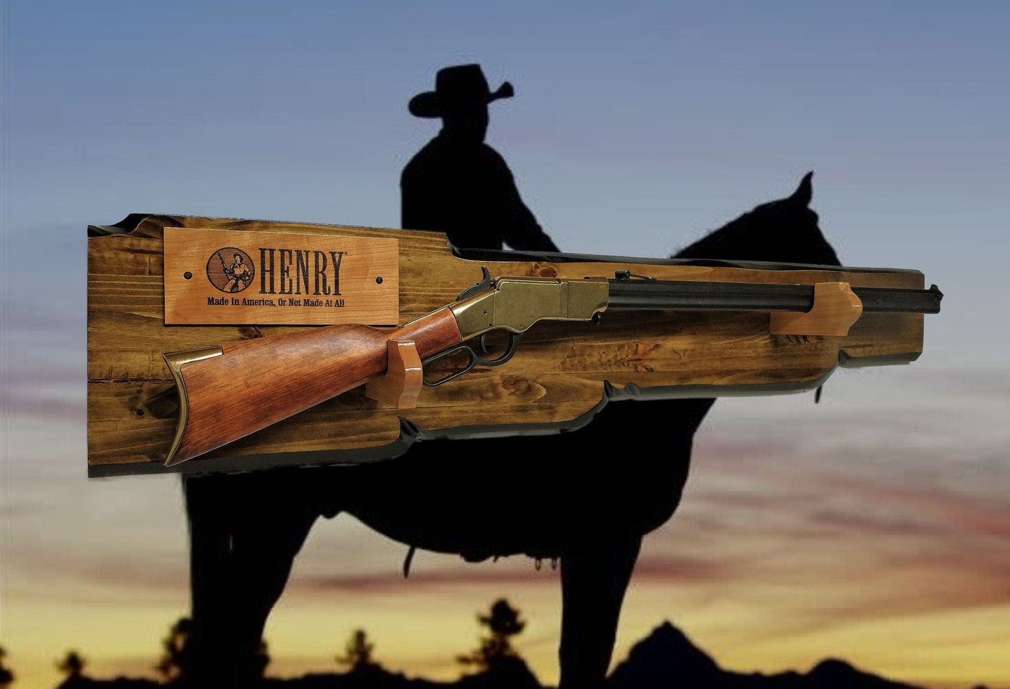 walkerwoodgifts Copy of Rustic Knotty Pine Lever Action Henry Faux Live Edge Display with Knife Holder Cabin Décor Collectors Gift