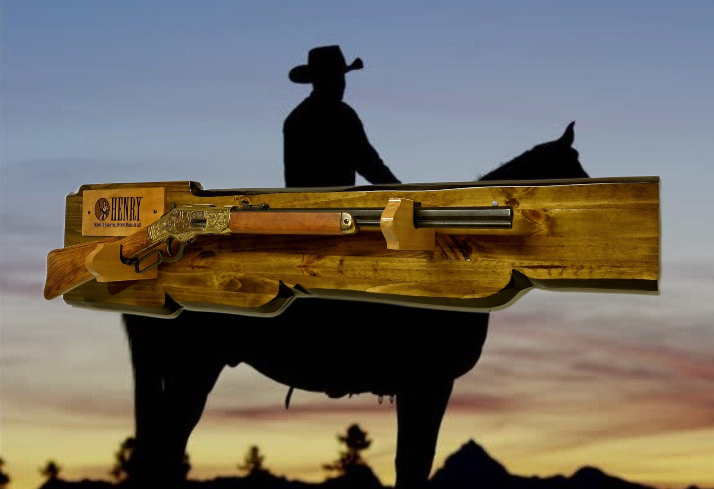 walkerwoodgifts Copy of Rustic Knotty Pine Lever Action Henry Faux Live Edge Display with Knife Holder Cabin Décor Collectors Gift
