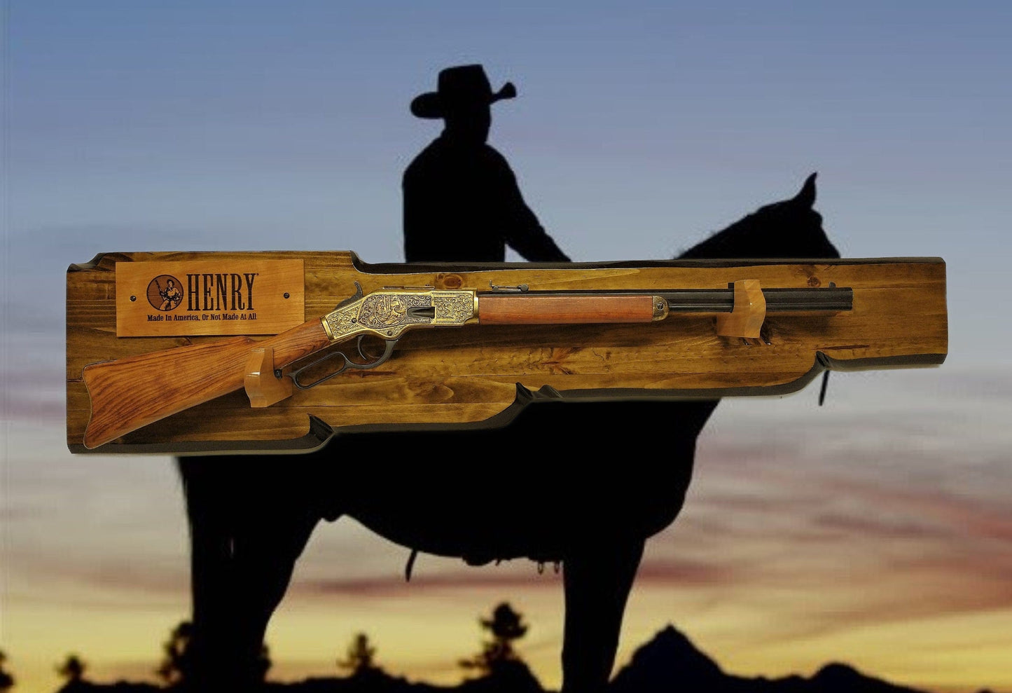 walkerwoodgifts Copy of Rustic Knotty Pine Lever Action Henry Faux Live Edge Display with Knife Holder Cabin Décor Collectors Gift