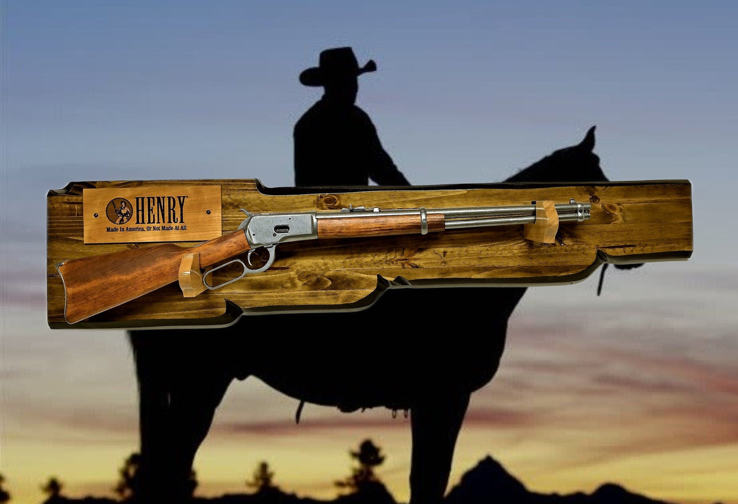 walkerwoodgifts Copy of Rustic Knotty Pine Lever Action Henry Faux Live Edge Display with Knife Holder Cabin Décor Collectors Gift