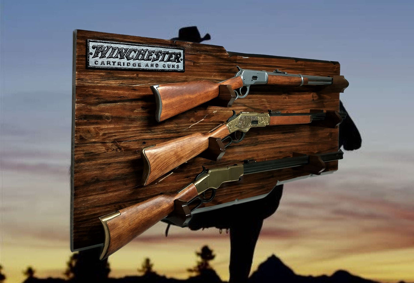 walkerwoodgifts Home & Garden Rustic 3 Place Lever Action Gun Display Winchester Plaque Bullet Style Gun Holders