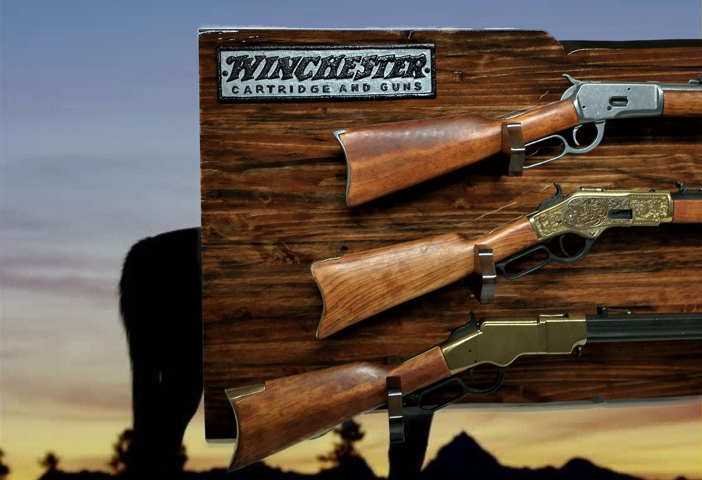 walkerwoodgifts Home & Garden Rustic 3 Place Lever Action Gun Display Winchester Plaque Bullet Style Gun Holders