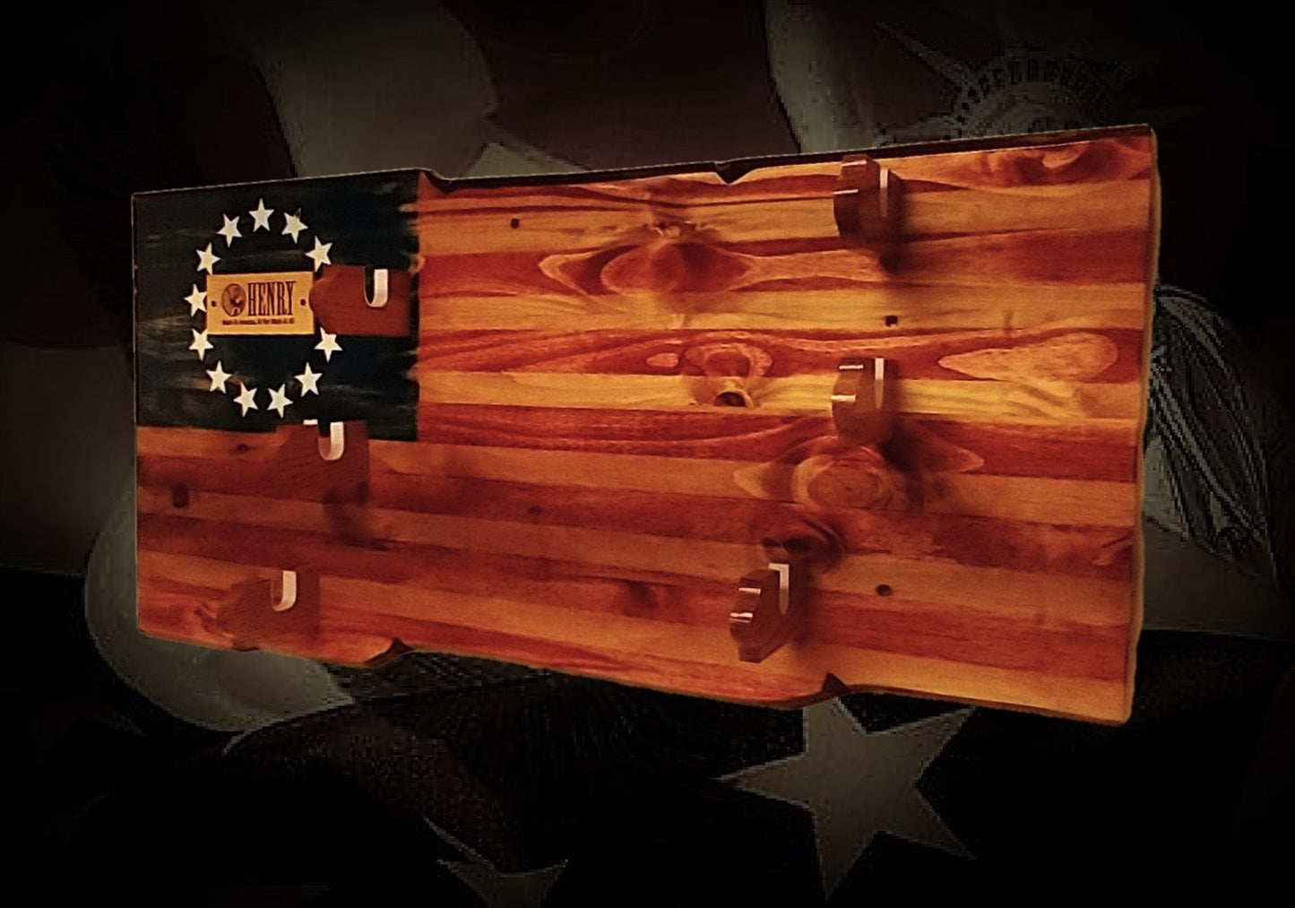 walkerwoodgifts Home & Garden Rustic Henry 13 Stars and Stripes Display 3 Place Lever Action Rifles Wood Henry Plaque Great Gift!