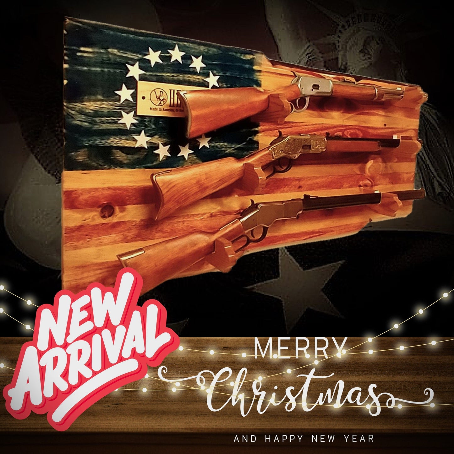 walkerwoodgifts Home & Garden Rustic Henry 13 Stars and Stripes Display 3 Place Lever Action Rifles Wood Henry Plaque Great Gift!