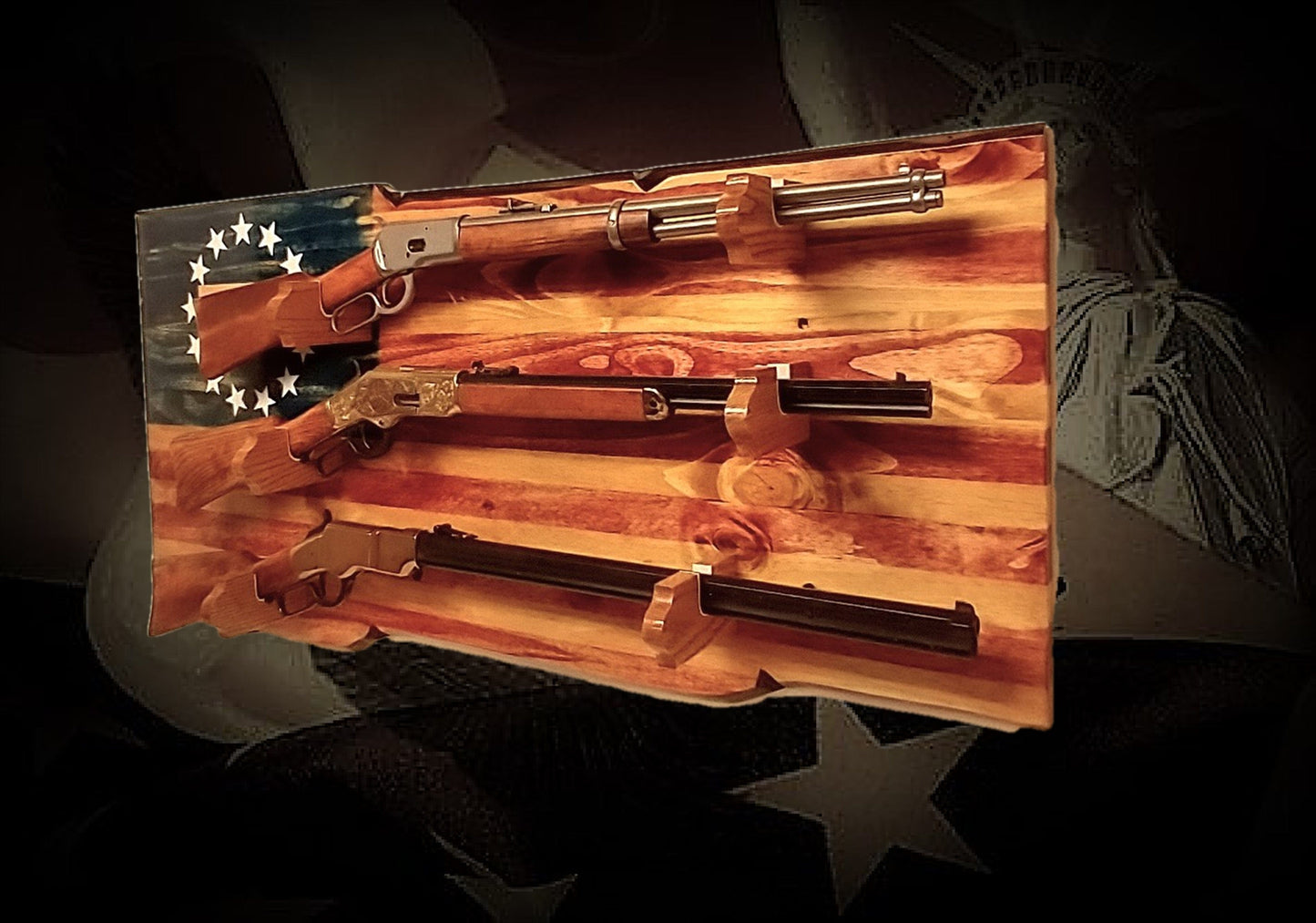 walkerwoodgifts Home & Garden Rustic Henry 13 Stars and Stripes Display 3 Place Lever Action Rifles Wood Henry Plaque Great Gift!