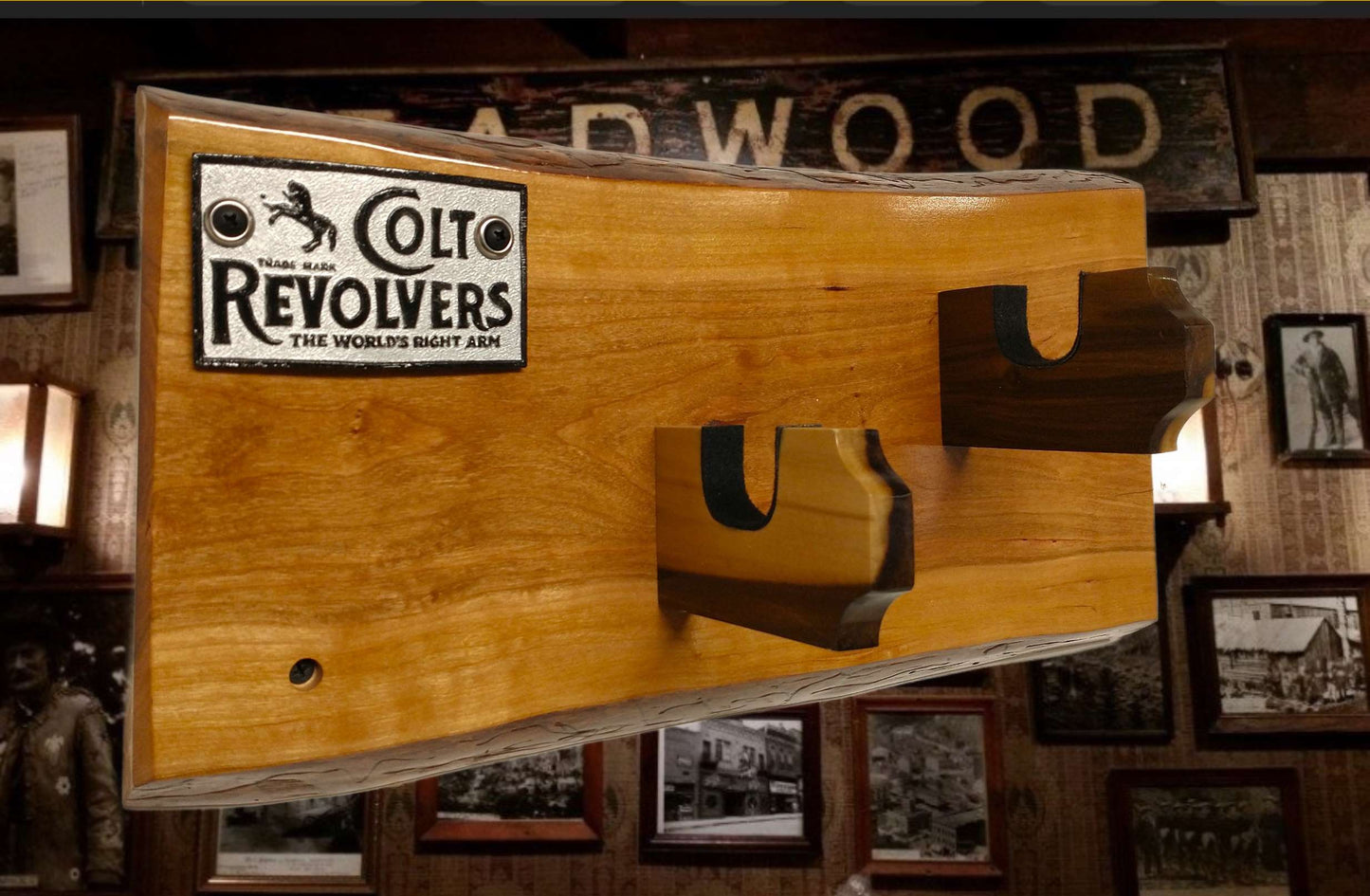 walkerwoodgifts Rustic Cherry Walnut Colt Pistol Wall Mount Display estern Cabin Decor Collectors Gift