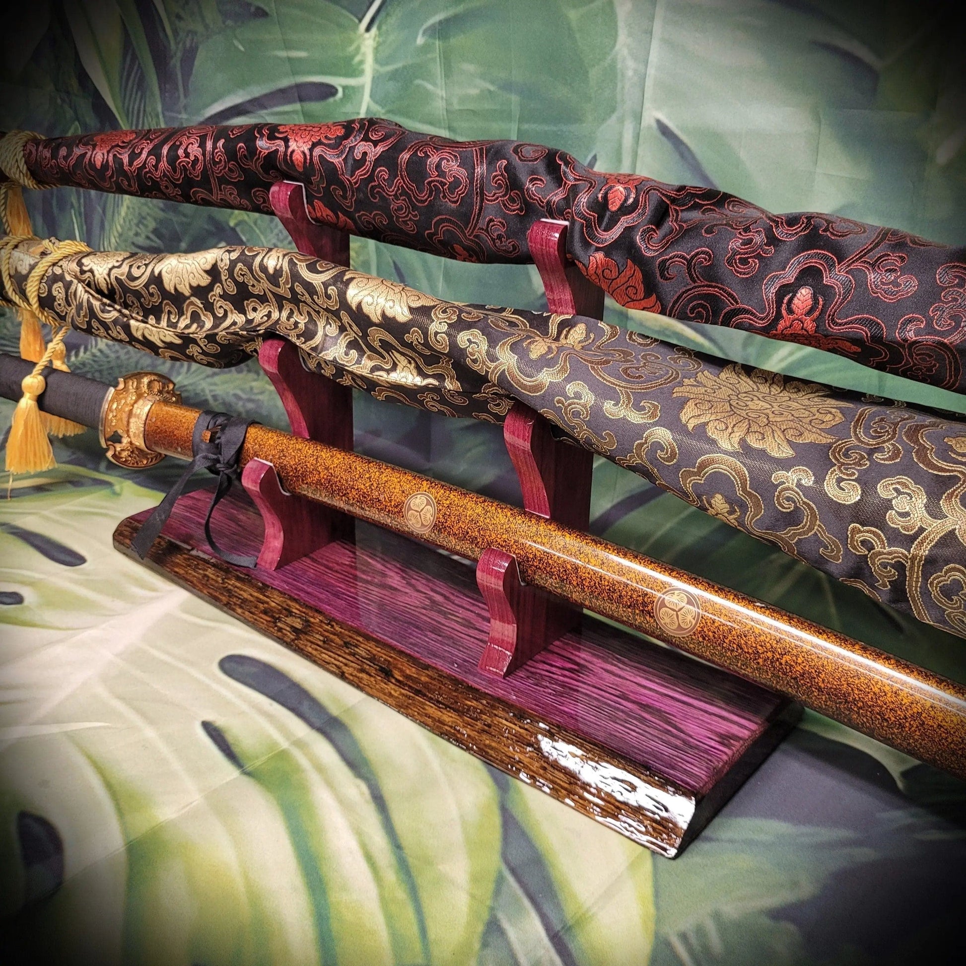 walkerwoodgifts sword display Rustic 3-Tier Live Edge Purple Swamp Oak & Purpleheart Samurai Katana Sword Display Great Gift