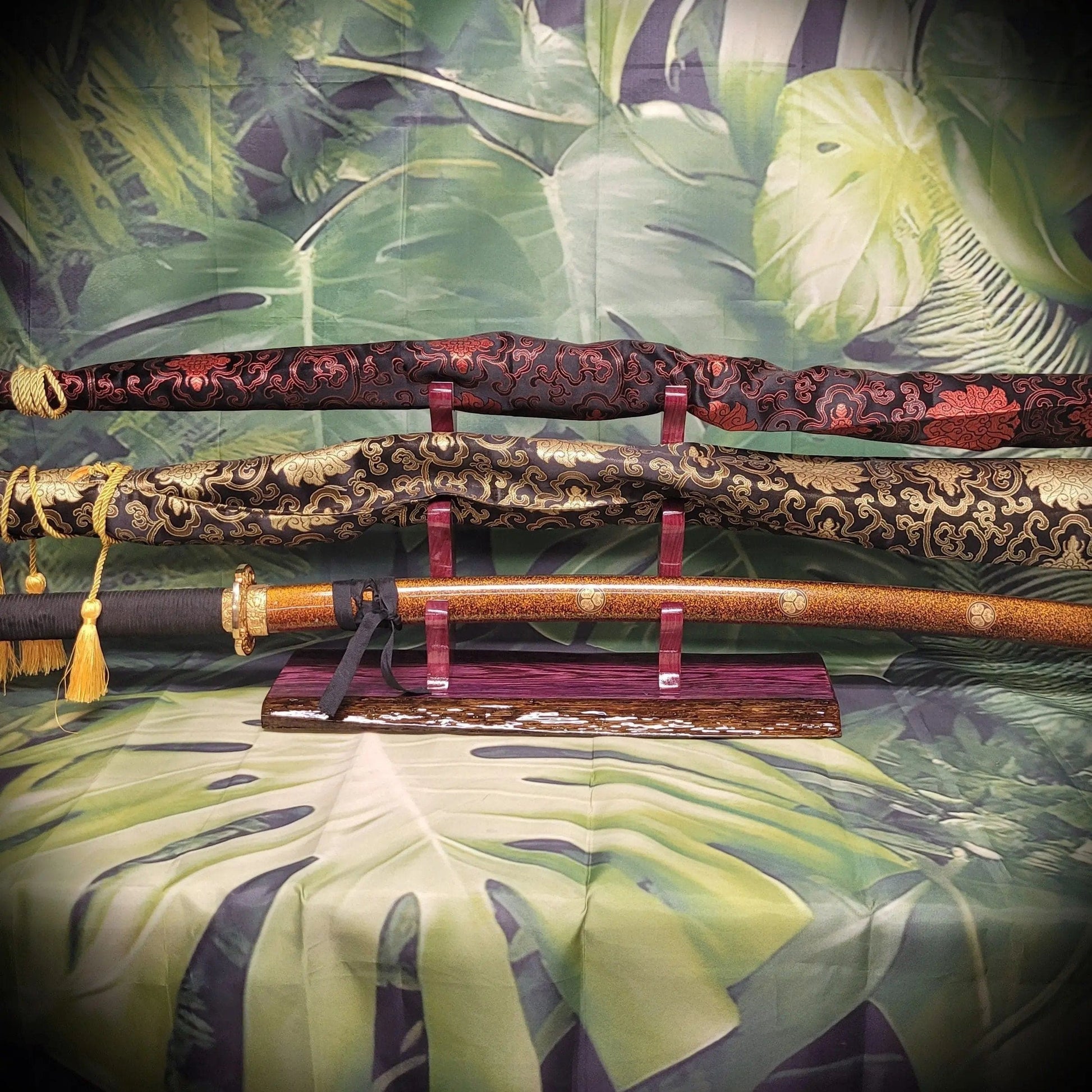 walkerwoodgifts sword display Rustic 3-Tier Live Edge Purple Swamp Oak & Purpleheart Samurai Katana Sword Display Great Gift