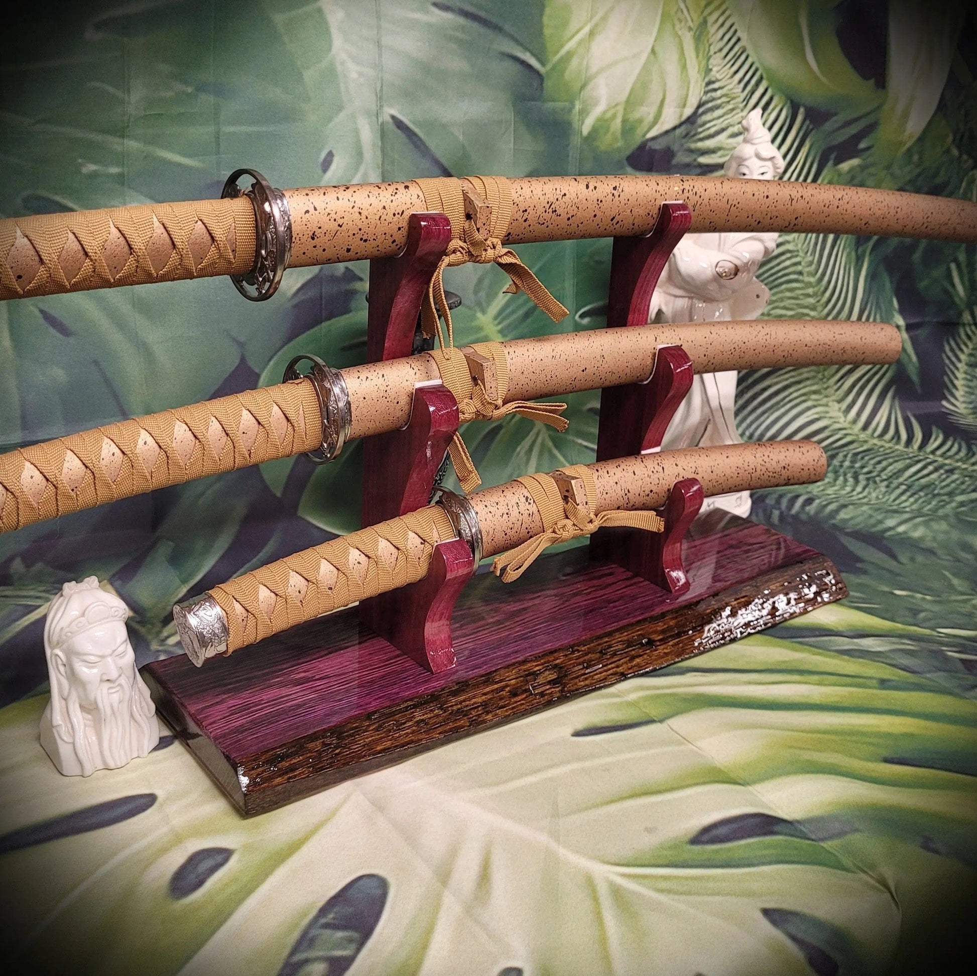 walkerwoodgifts sword display Rustic 3-Tier Live Edge Purple Swamp Oak & Purpleheart Samurai Katana Sword Display Great Gift