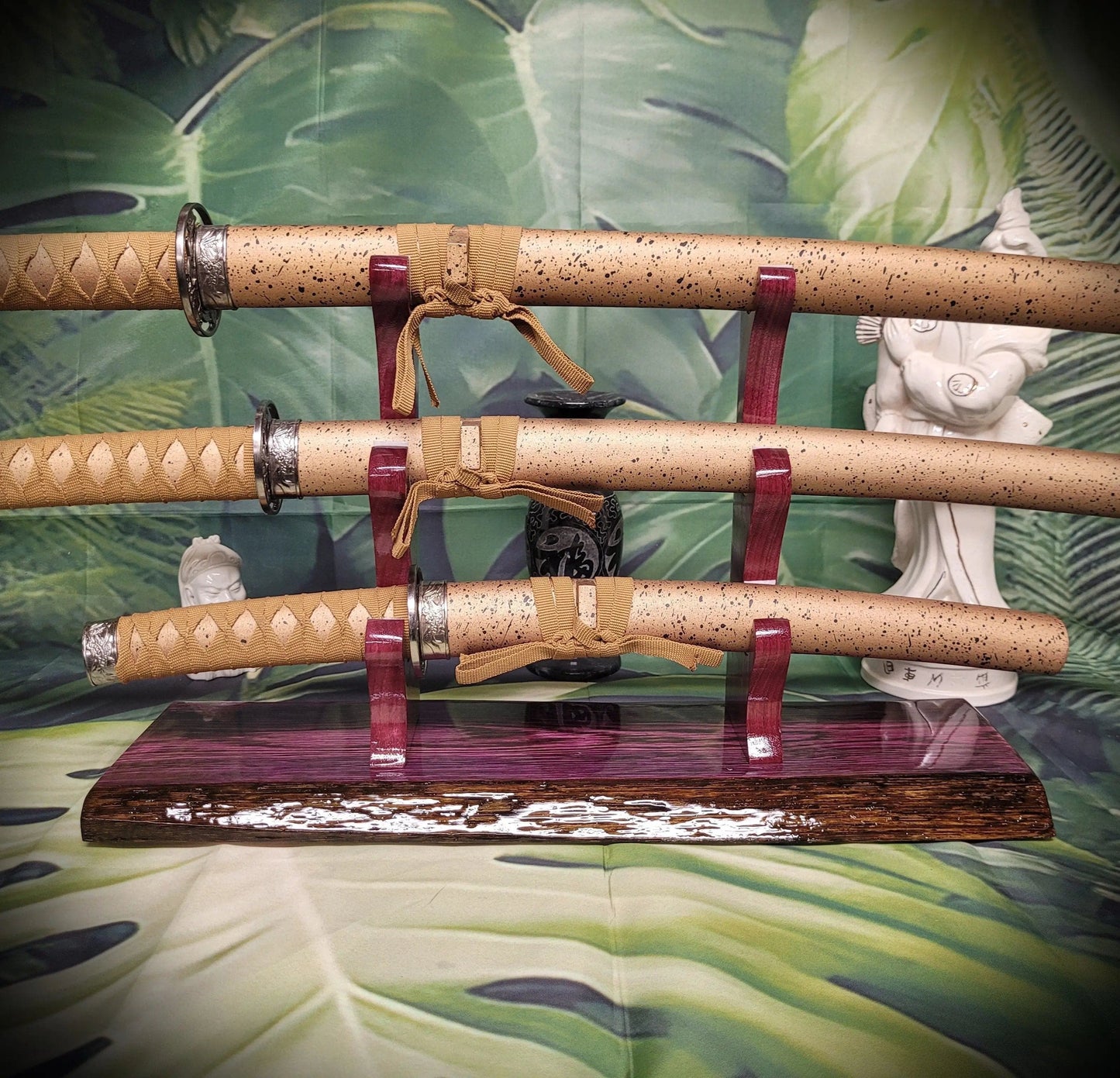 walkerwoodgifts sword display Rustic 3-Tier Live Edge Purple Swamp Oak & Purpleheart Samurai Katana Sword Display Great Gift