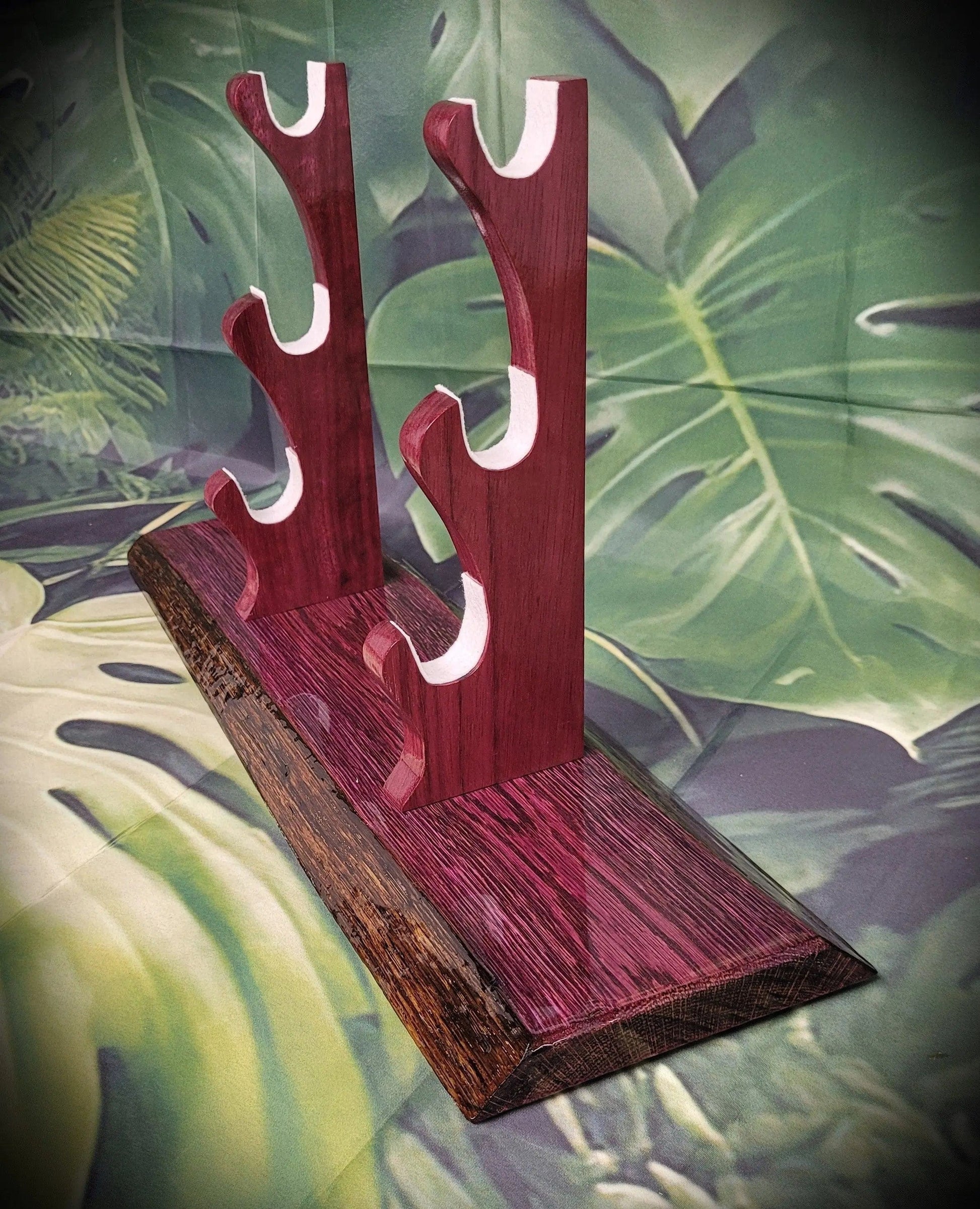 walkerwoodgifts sword display Rustic 3-Tier Live Edge Purple Swamp Oak & Purpleheart Samurai Katana Sword Display Great Gift