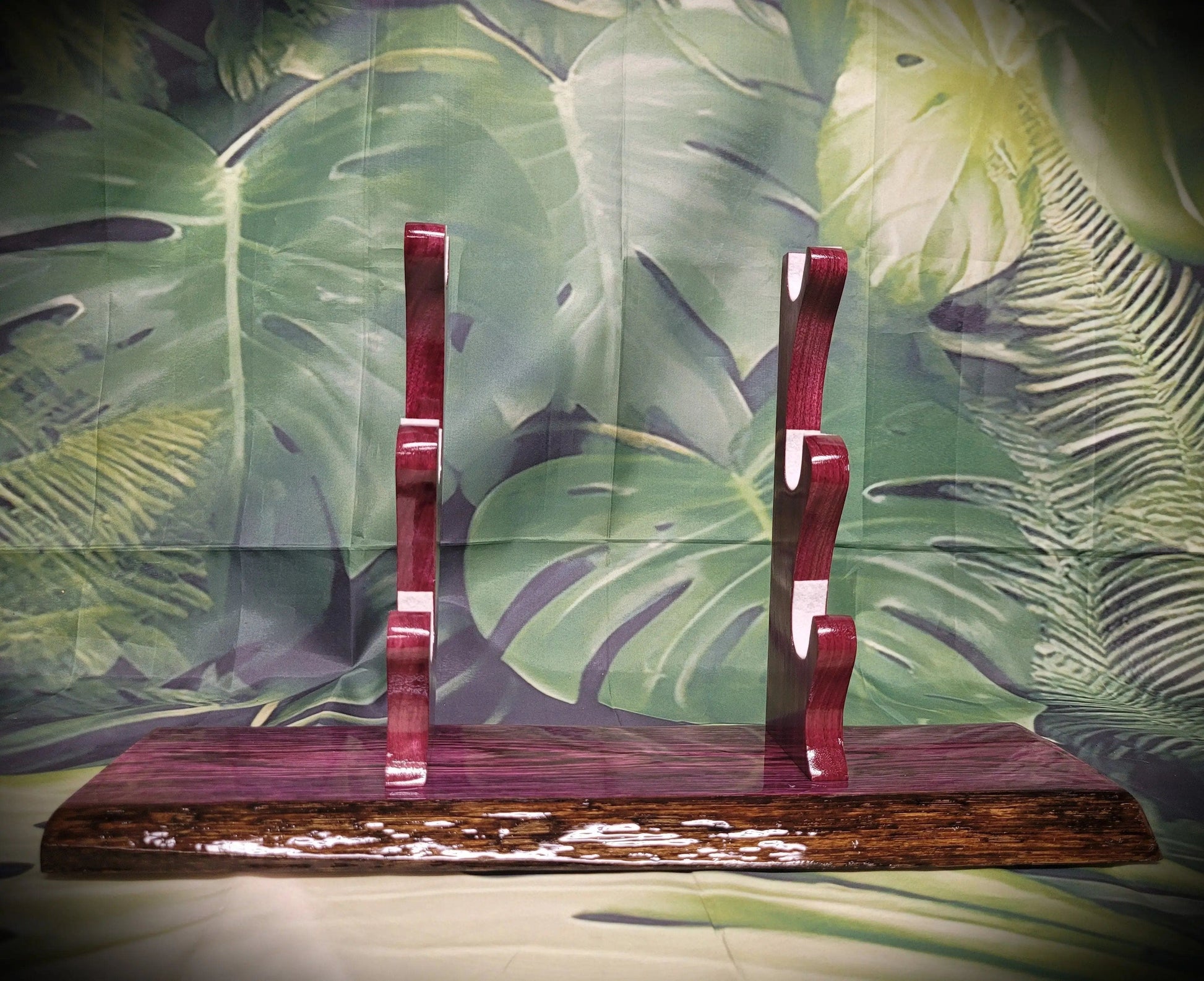 walkerwoodgifts sword display Rustic 3-Tier Live Edge Purple Swamp Oak & Purpleheart Samurai Katana Sword Display Great Gift
