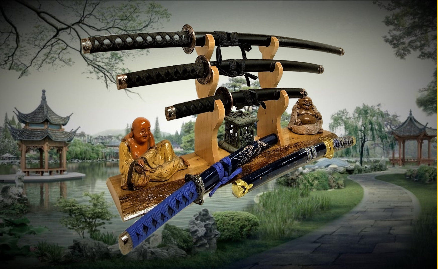 walkerwoodgifts sword stands Live Edge Rustic Swamp Oak 3 Tier Katana Wakizashi Tanto Sword Display Stand Japanese Samurai Collectors Gift