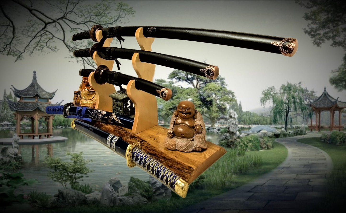 walkerwoodgifts sword stands Live Edge Rustic Swamp Oak 3 Tier Katana Wakizashi Tanto Sword Display Stand Japanese Samurai Collectors Gift