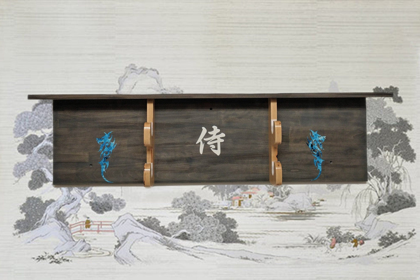 walkerwoodgifts Bushido WALL DISPLAY, Flaming Blue Dragons, 2 Tier Katana Samurai Display with Shelf, Weathered Gray Finish Dojo Gift