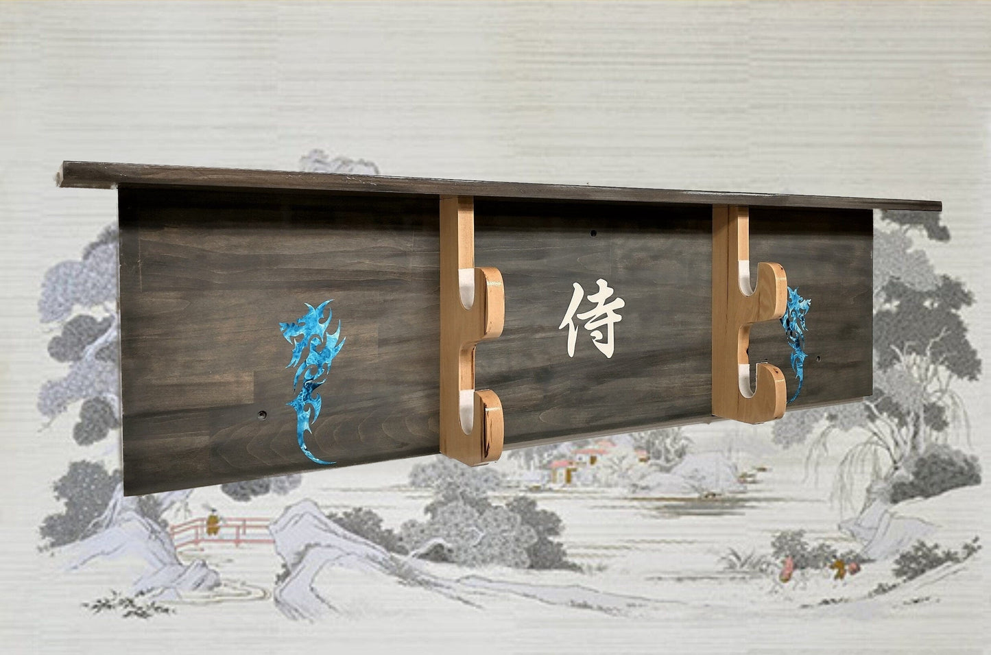 walkerwoodgifts Bushido WALL DISPLAY, Flaming Blue Dragons, 2 Tier Katana Samurai Display with Shelf, Weathered Gray Finish Dojo Gift