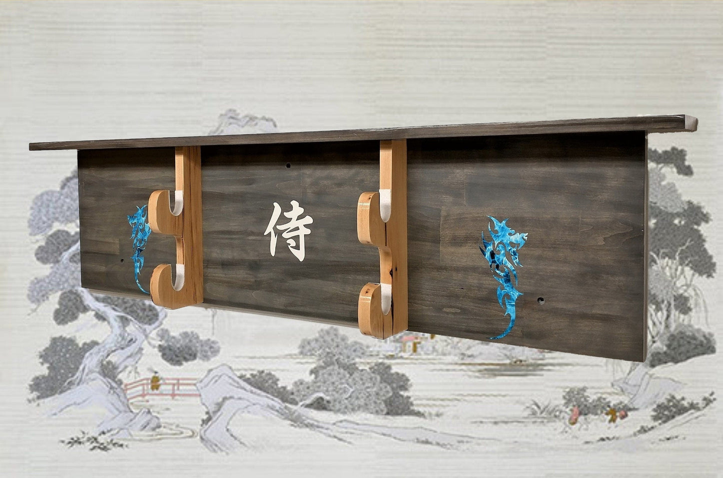 walkerwoodgifts Bushido WALL DISPLAY, Flaming Blue Dragons, 2 Tier Katana Samurai Display with Shelf, Weathered Gray Finish Dojo Gift