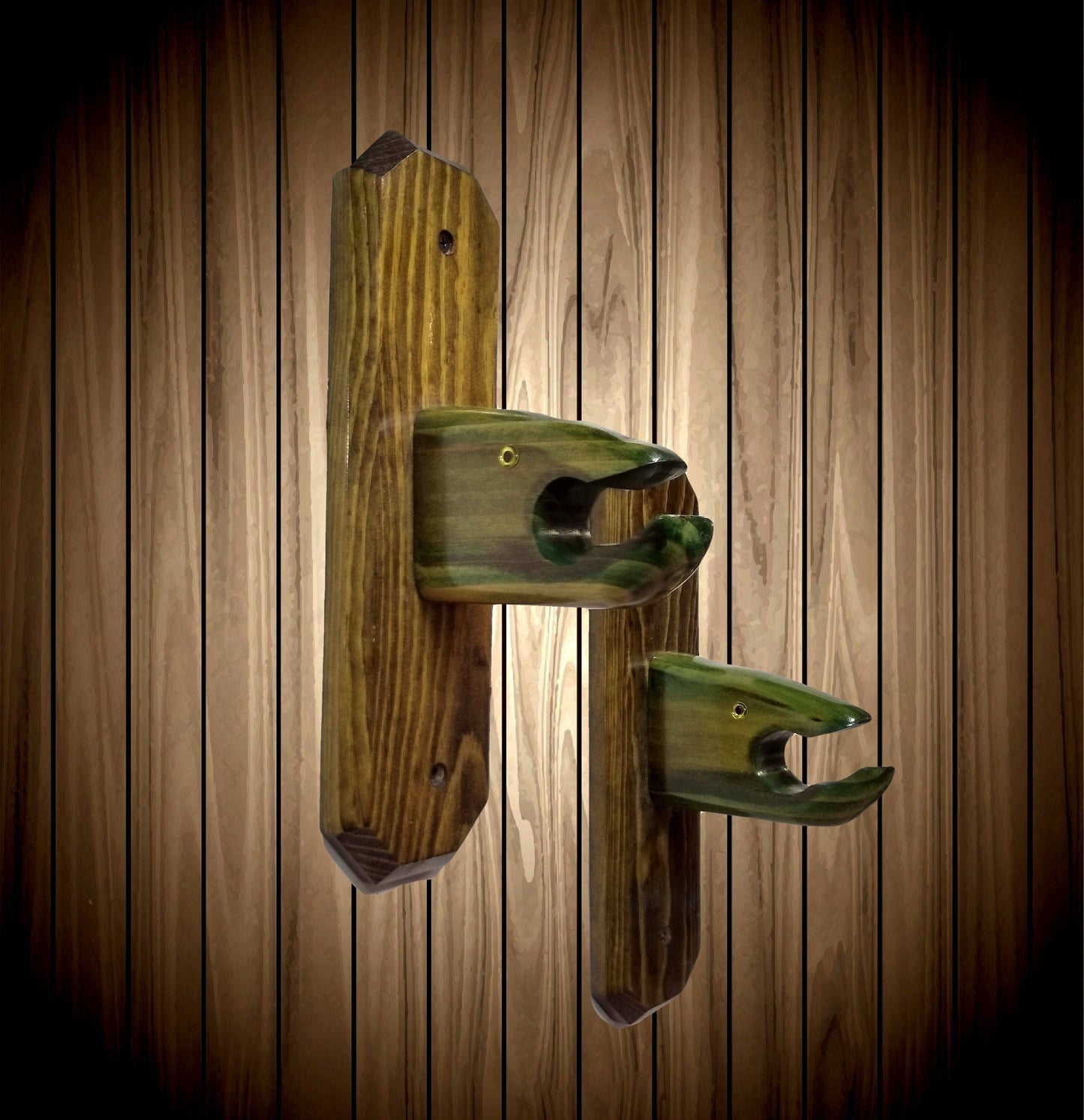 walkerwoodgifts FISH HOOK, WOODEN Hooks, Rustic Wall Mounted Green Hand Painted Wooden Fish Head Holders Pair, House Warming Gift