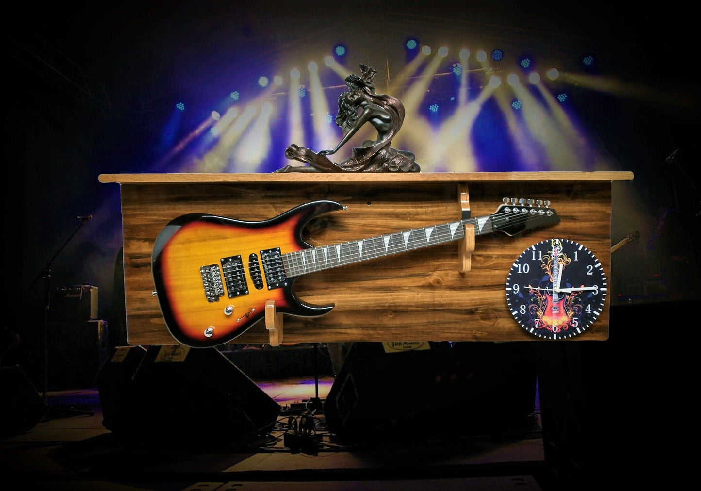 walkerwoodgifts guitar rack Rustic Electric Guitar Display with Shelf, Adjustable Hardwood Hangers, Unique One of a Kind Player Gift, Special Matching Clock