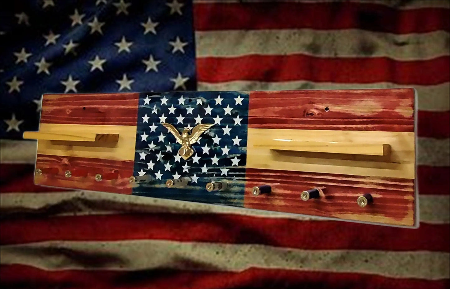 walkerwoodgifts Old Glory Rustic Flag Coat Rack Shelf Wall Hanging Shotgun Shell Pegs Americana Patriotic Decor, Gift, FREE SHIPPING
