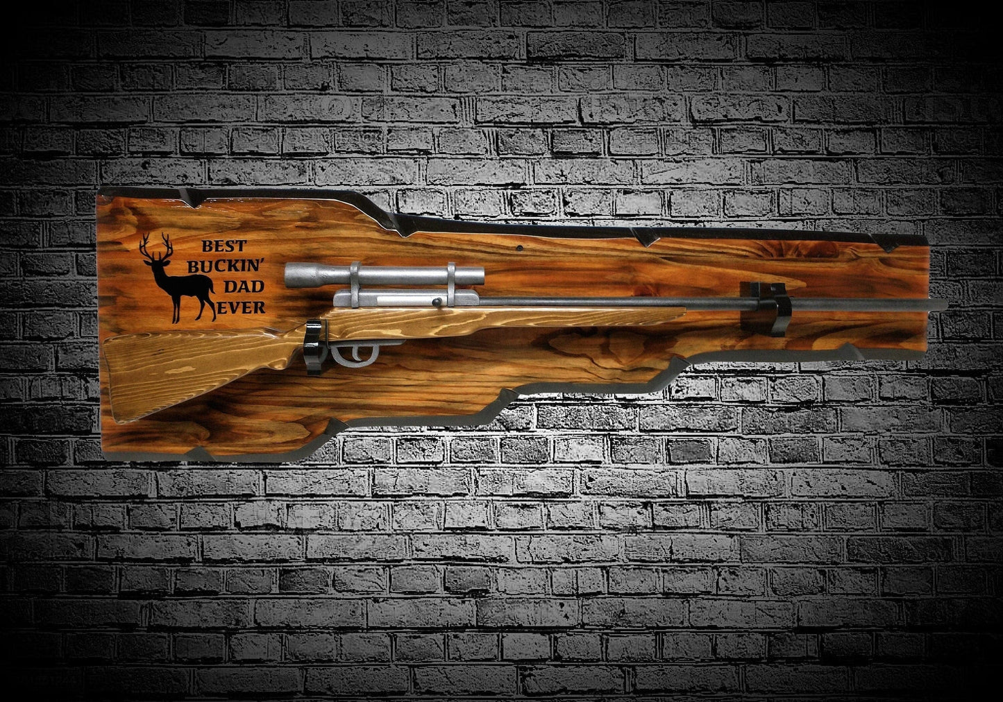 walkerwoodgifts RIFLE DISPLAY, GUN Barrel Rack, Best Bucken' Dad Ever Engraved Live Edge Durable Wall Mount Wood Gun Rack