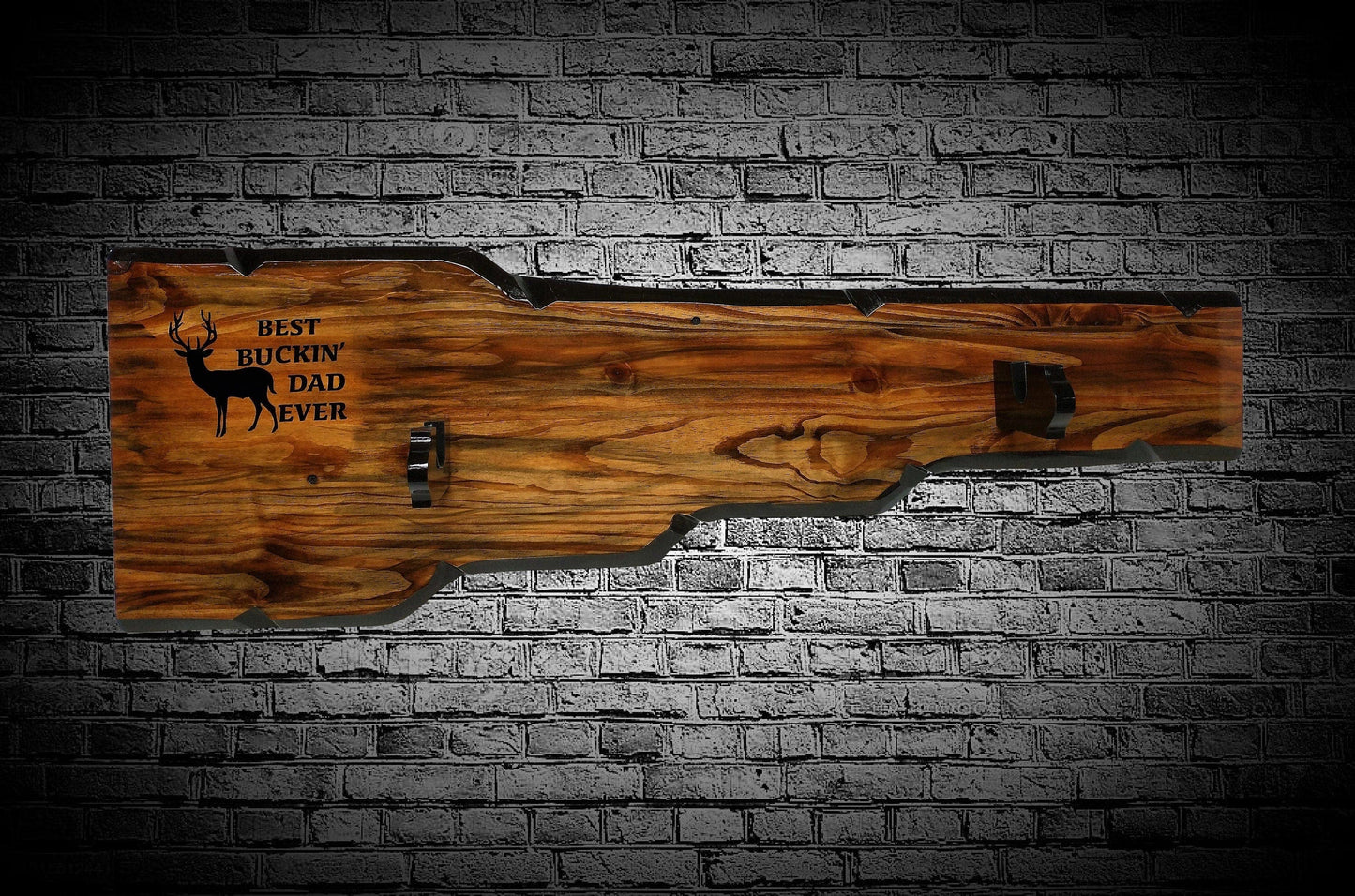 walkerwoodgifts RIFLE DISPLAY, GUN Barrel Rack, Best Bucken' Dad Ever Engraved Live Edge Durable Wall Mount Wood Gun Rack
