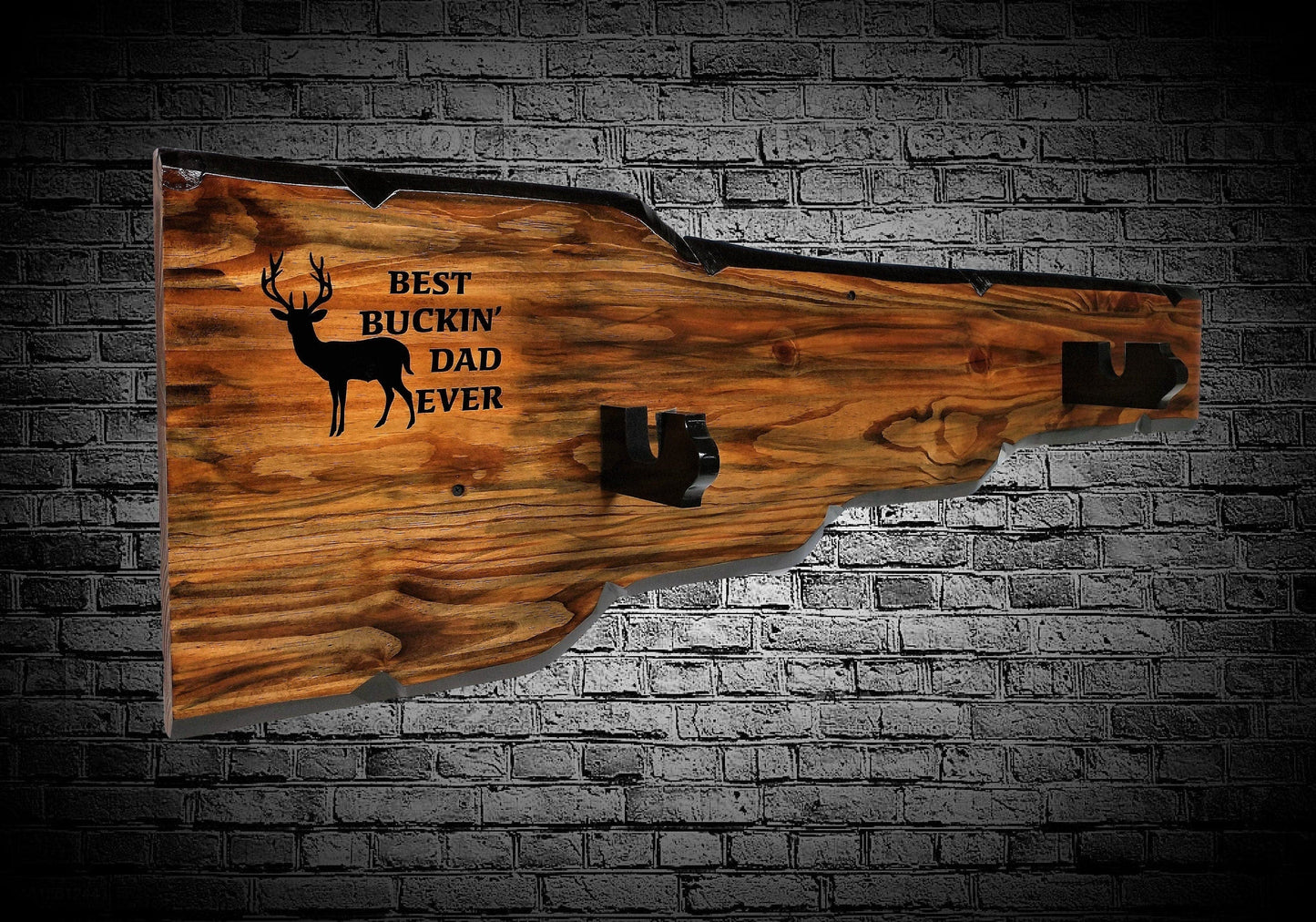 walkerwoodgifts RIFLE DISPLAY, GUN Barrel Rack, Best Bucken' Dad Ever Engraved Live Edge Durable Wall Mount Wood Gun Rack