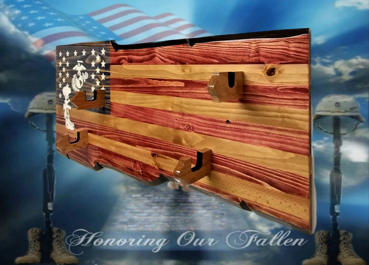 walkerwoodgifts USMC FALLEN SOLDIER 2 Place Gun Rack Lever Action Double Barrell Display Winchester Henry Rifle Gift
