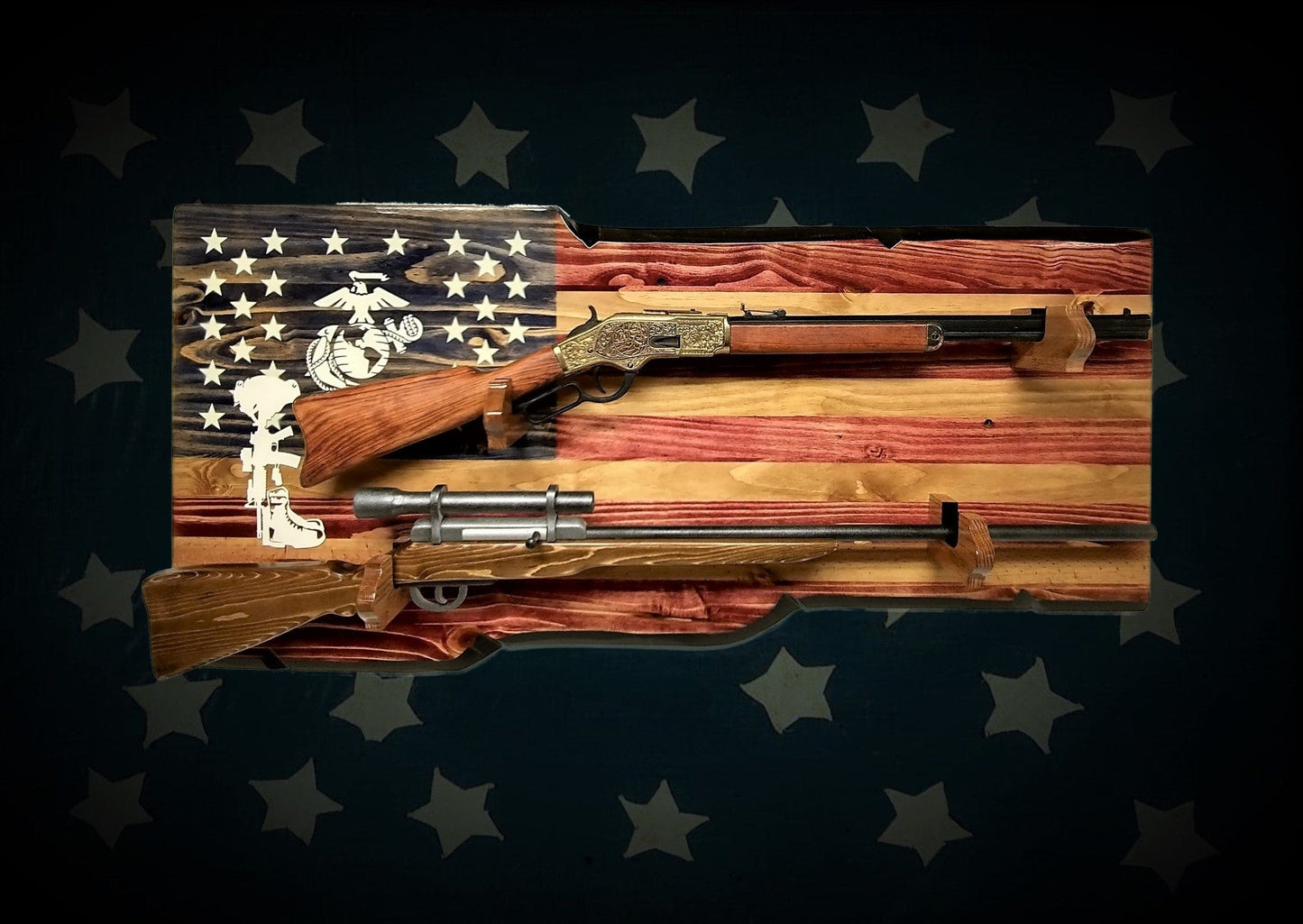 walkerwoodgifts USMC FALLEN SOLDIER 2 Place Gun Rack Lever Action Double Barrell Display Winchester Henry Rifle Gift