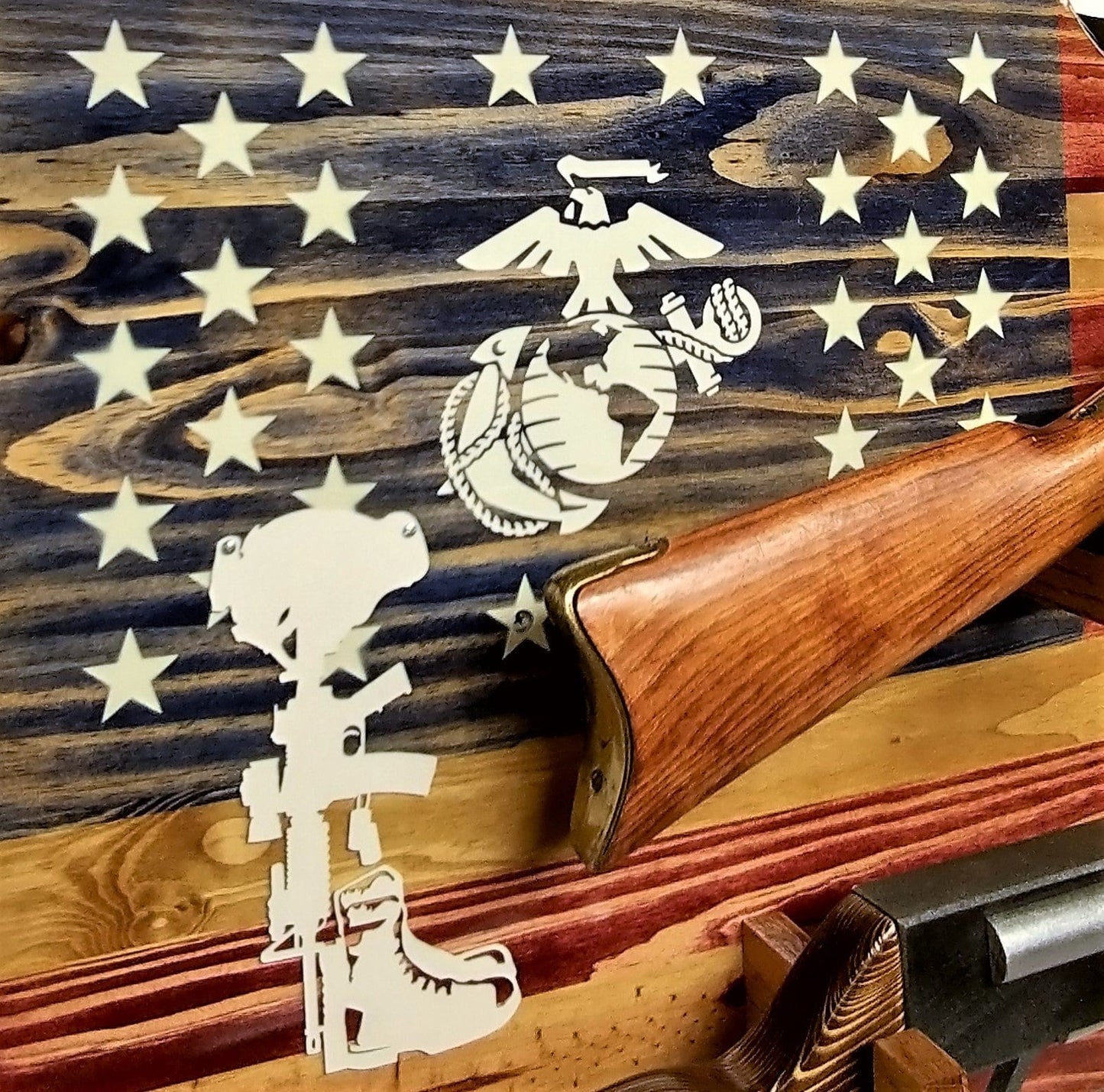 walkerwoodgifts USMC FALLEN SOLDIER 2 Place Gun Rack Lever Action Double Barrell Display Winchester Henry Rifle Gift