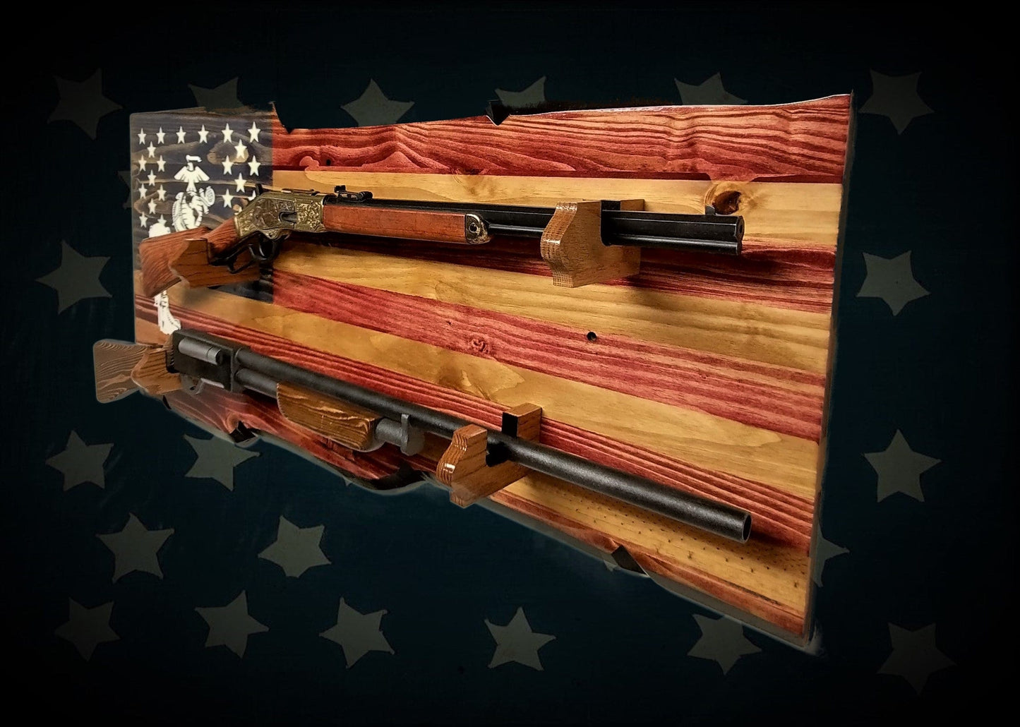 walkerwoodgifts USMC FALLEN SOLDIER 2 Place Gun Rack Lever Action Double Barrell Display Winchester Henry Rifle Gift