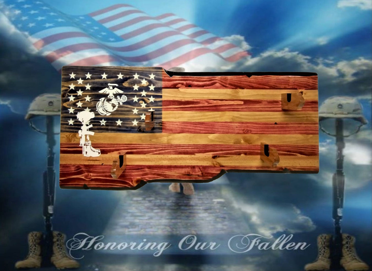 walkerwoodgifts USMC FALLEN SOLDIER 2 Place Gun Rack Lever Action Double Barrell Display Winchester Henry Rifle Gift