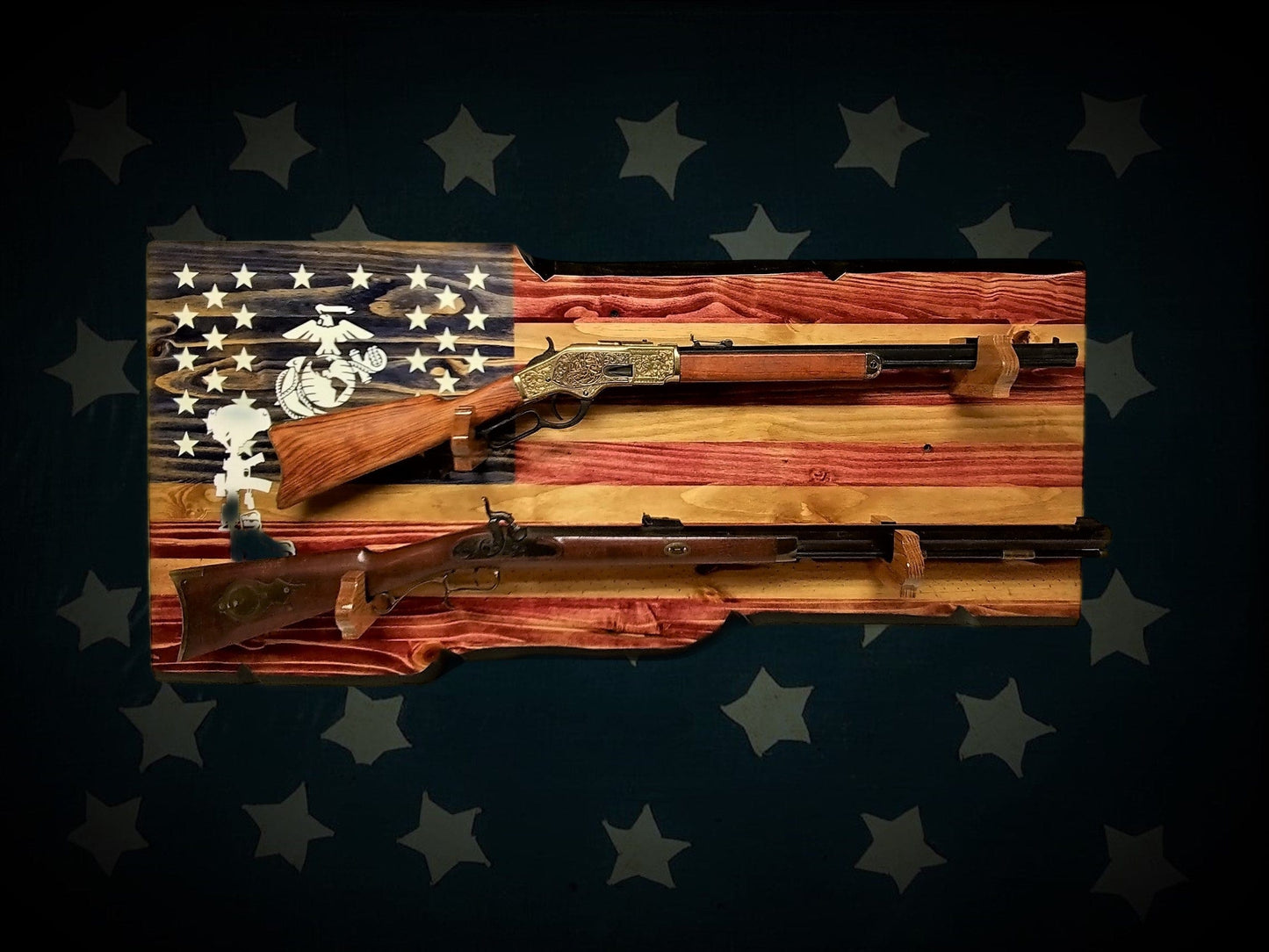 walkerwoodgifts USMC FALLEN SOLDIER 2 Place Gun Rack Lever Action Double Barrell Display Winchester Henry Rifle Gift