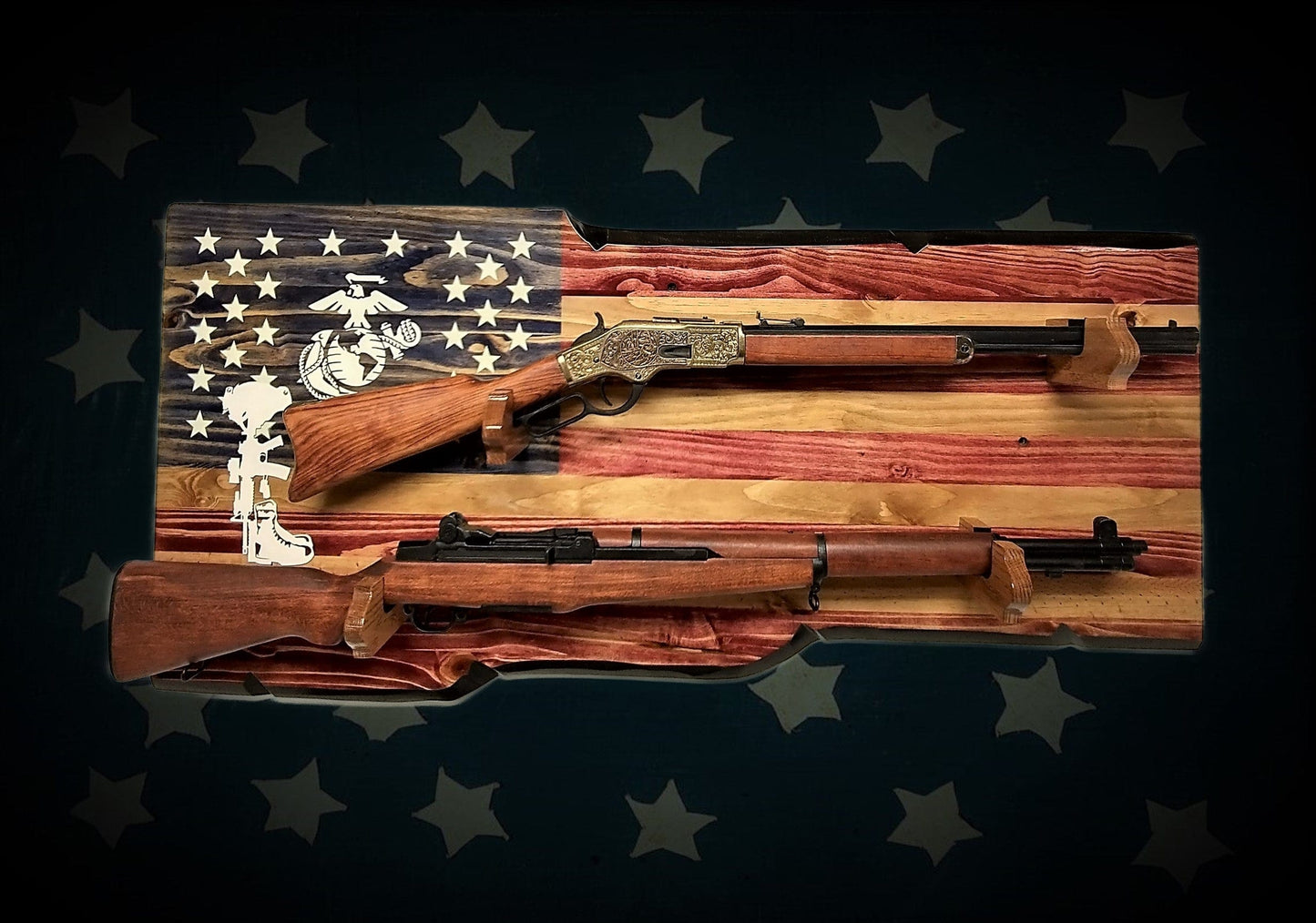 walkerwoodgifts USMC FALLEN SOLDIER 2 Place Gun Rack Lever Action Double Barrell Display Winchester Henry Rifle Gift