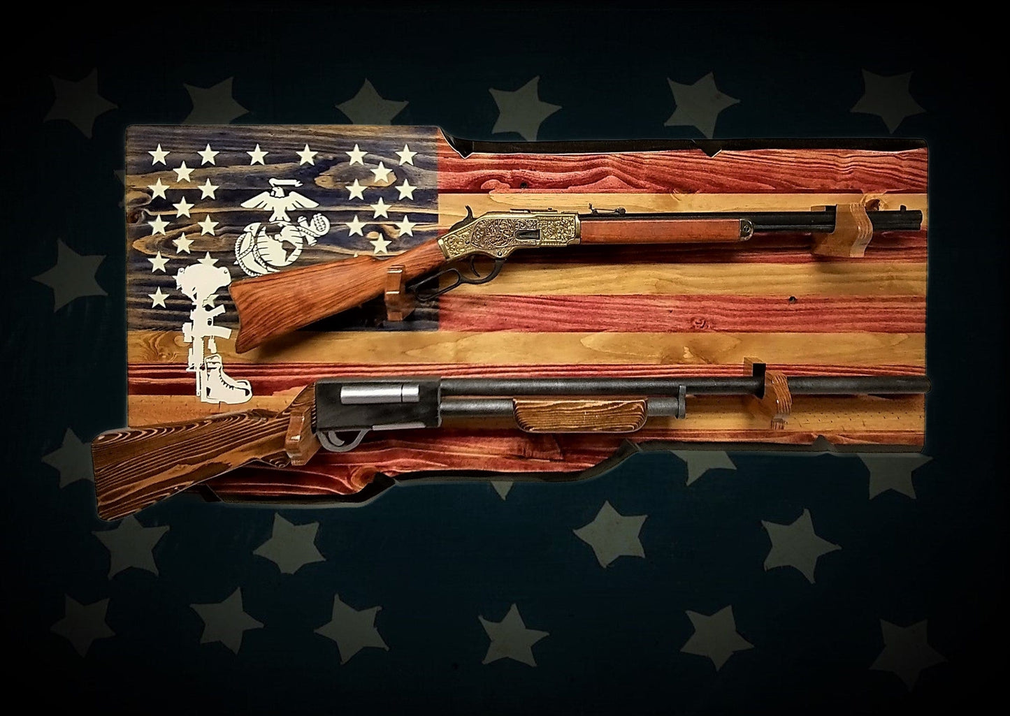 walkerwoodgifts USMC FALLEN SOLDIER 2 Place Gun Rack Lever Action Double Barrell Display Winchester Henry Rifle Gift