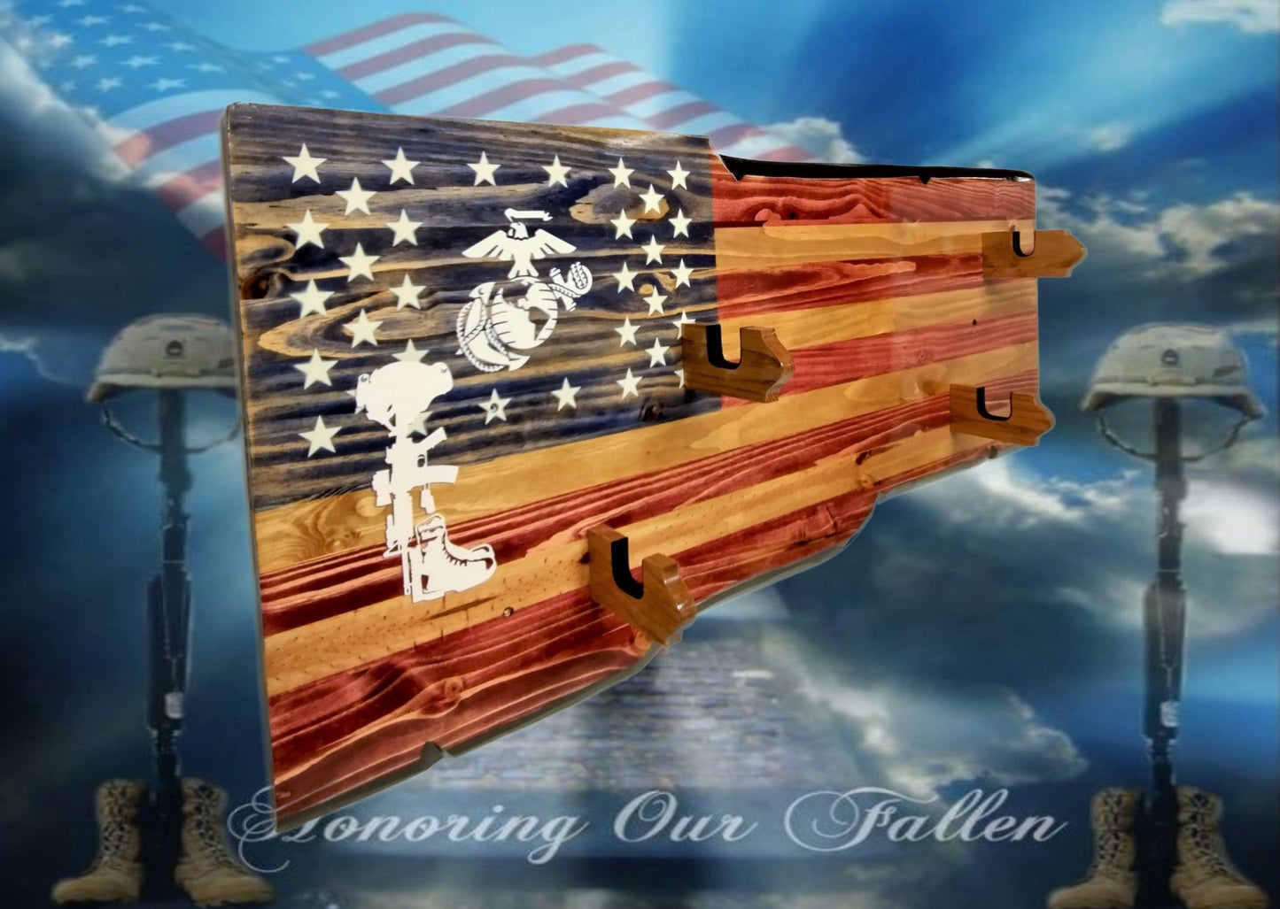 walkerwoodgifts USMC FALLEN SOLDIER 2 Place Gun Rack Lever Action Double Barrell Display Winchester Henry Rifle Gift