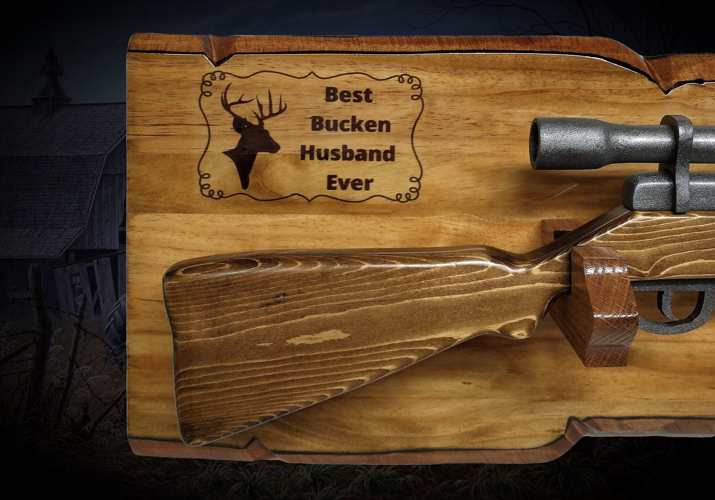walkerwoodgifts WALL RIFLE RACK, Gun Stand, Best Bucken Husband Ever Engraved Three Tone Brown Finish Live Edge Wood Gun Rack