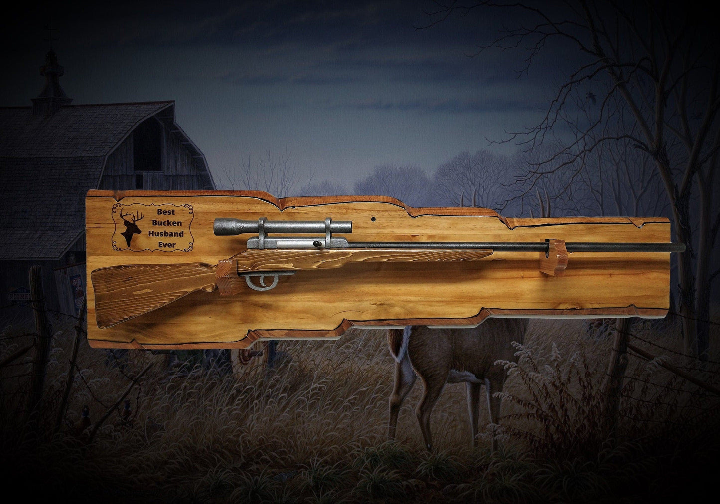 walkerwoodgifts WALL RIFLE RACK, Gun Stand, Best Bucken Husband Ever Engraved Three Tone Brown Finish Live Edge Wood Gun Rack