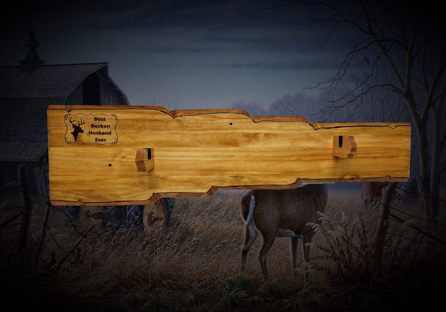 walkerwoodgifts WALL RIFLE RACK, Gun Stand, Best Bucken Husband Ever Engraved Three Tone Brown Finish Live Edge Wood Gun Rack