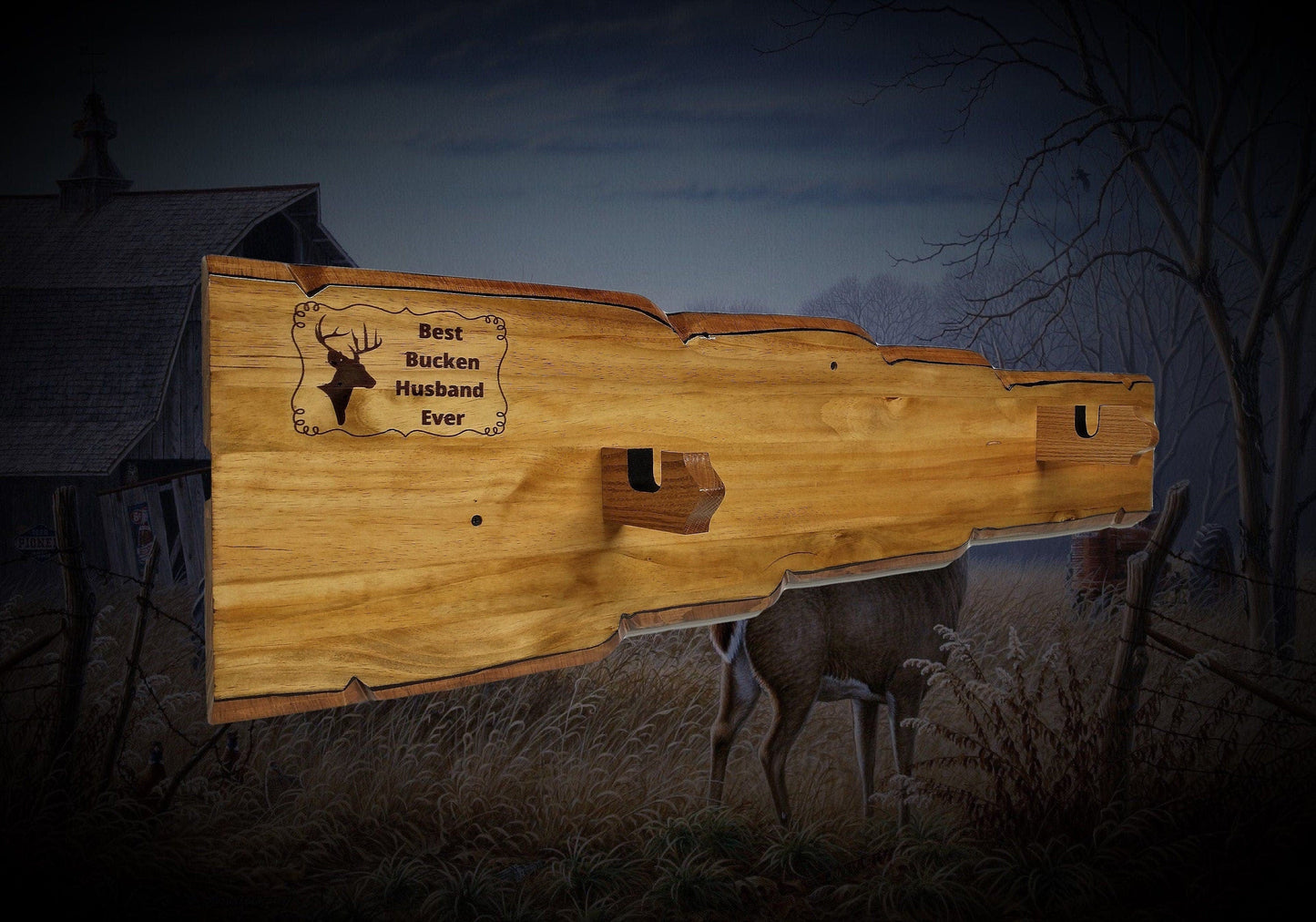 walkerwoodgifts WALL RIFLE RACK, Gun Stand, Best Bucken Husband Ever Engraved Three Tone Brown Finish Live Edge Wood Gun Rack